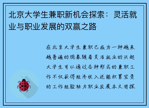 北京大学生兼职新机会探索：灵活就业与职业发展的双赢之路