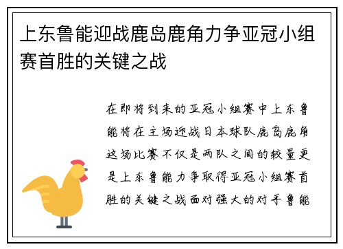 上东鲁能迎战鹿岛鹿角力争亚冠小组赛首胜的关键之战
