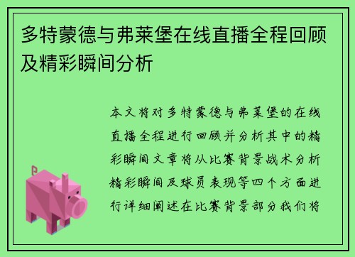多特蒙德与弗莱堡在线直播全程回顾及精彩瞬间分析
