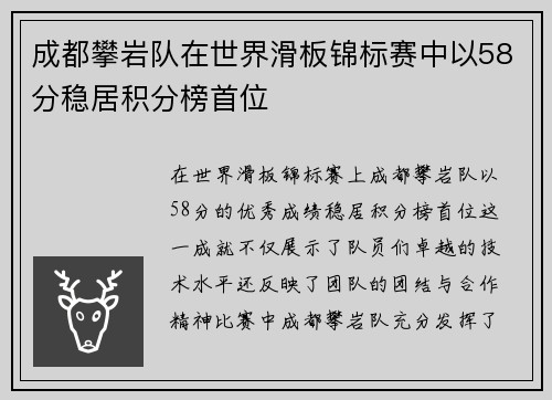成都攀岩队在世界滑板锦标赛中以58分稳居积分榜首位