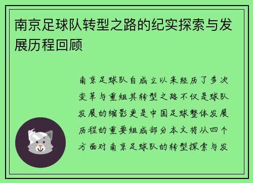 南京足球队转型之路的纪实探索与发展历程回顾
