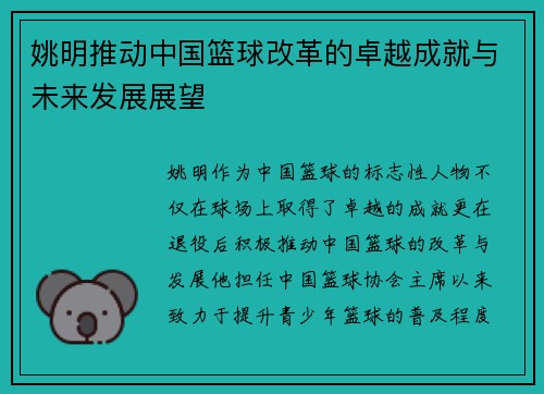 姚明推动中国篮球改革的卓越成就与未来发展展望