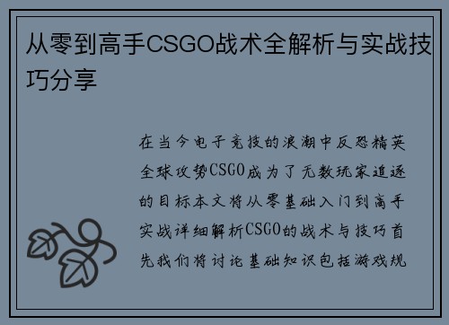 从零到高手CSGO战术全解析与实战技巧分享