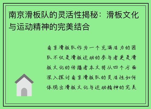 南京滑板队的灵活性揭秘：滑板文化与运动精神的完美结合