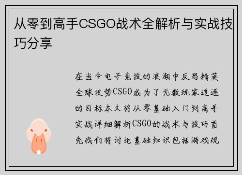 从零到高手CSGO战术全解析与实战技巧分享