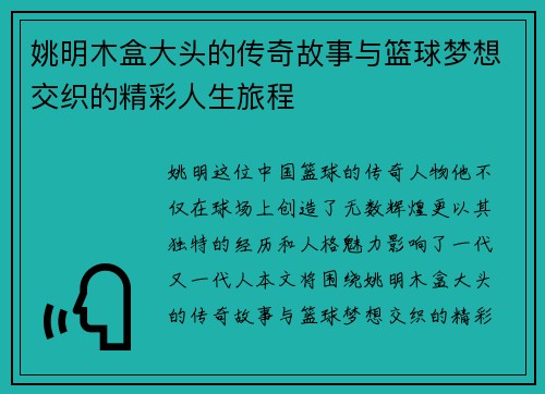 姚明木盒大头的传奇故事与篮球梦想交织的精彩人生旅程