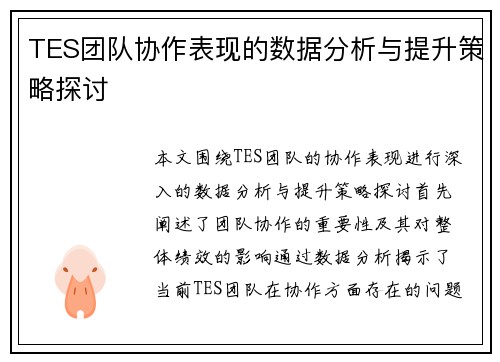 TES团队协作表现的数据分析与提升策略探讨