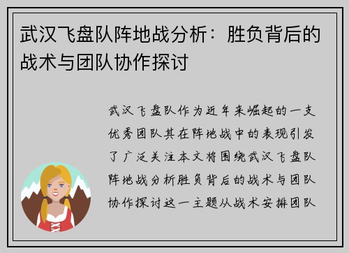 武汉飞盘队阵地战分析：胜负背后的战术与团队协作探讨