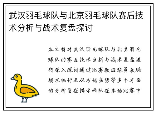 武汉羽毛球队与北京羽毛球队赛后技术分析与战术复盘探讨