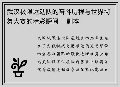 武汉极限运动队的奋斗历程与世界街舞大赛的精彩瞬间 - 副本