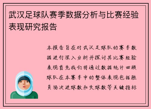 武汉足球队赛季数据分析与比赛经验表现研究报告