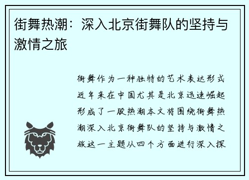 街舞热潮：深入北京街舞队的坚持与激情之旅
