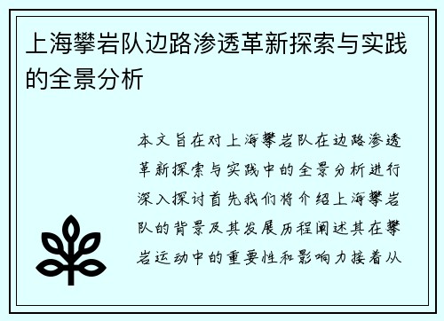 上海攀岩队边路渗透革新探索与实践的全景分析